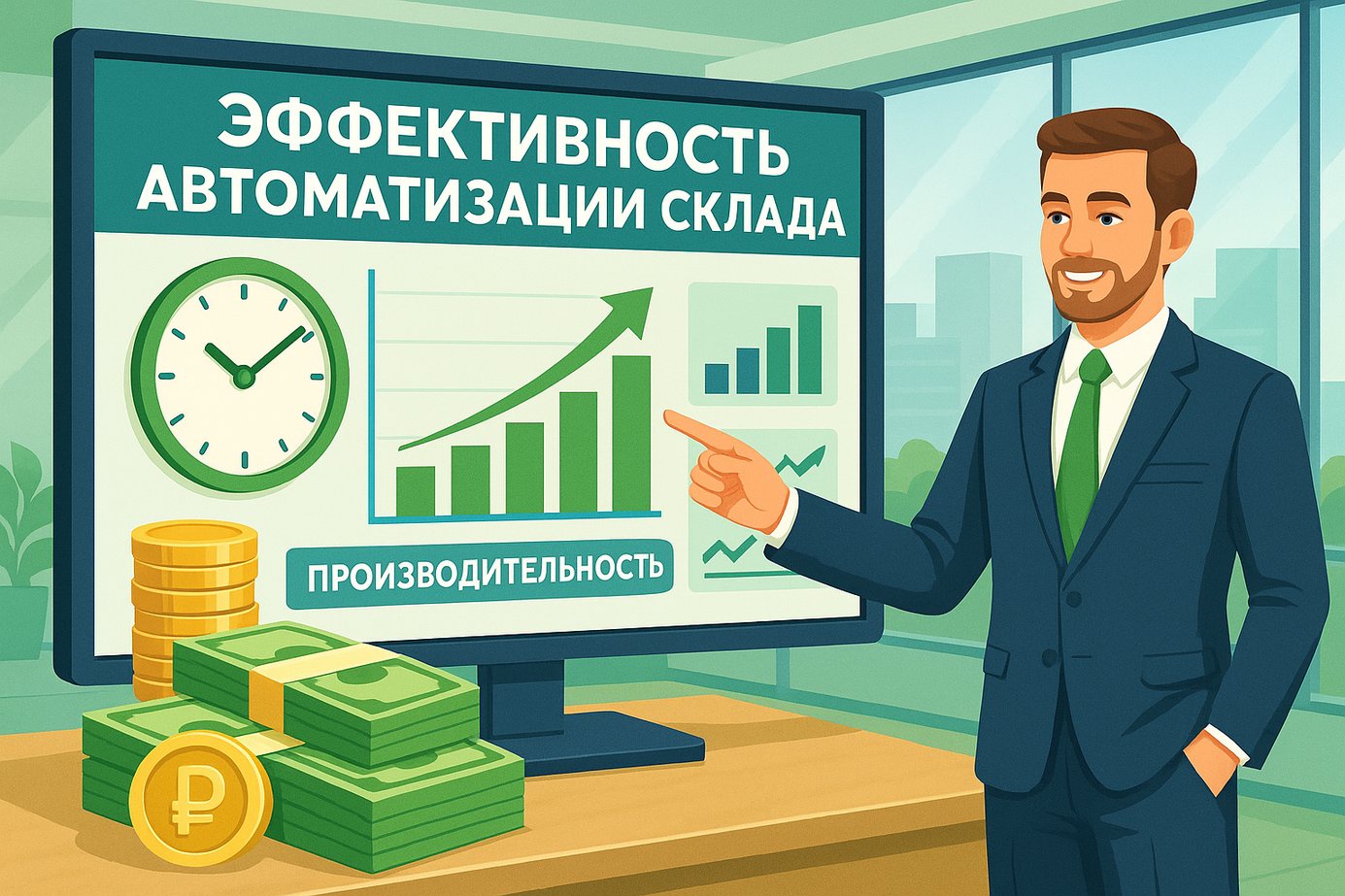 Иллюстрация экономического эффекта от автоматизации склада: рост производительности и снижение затрат.