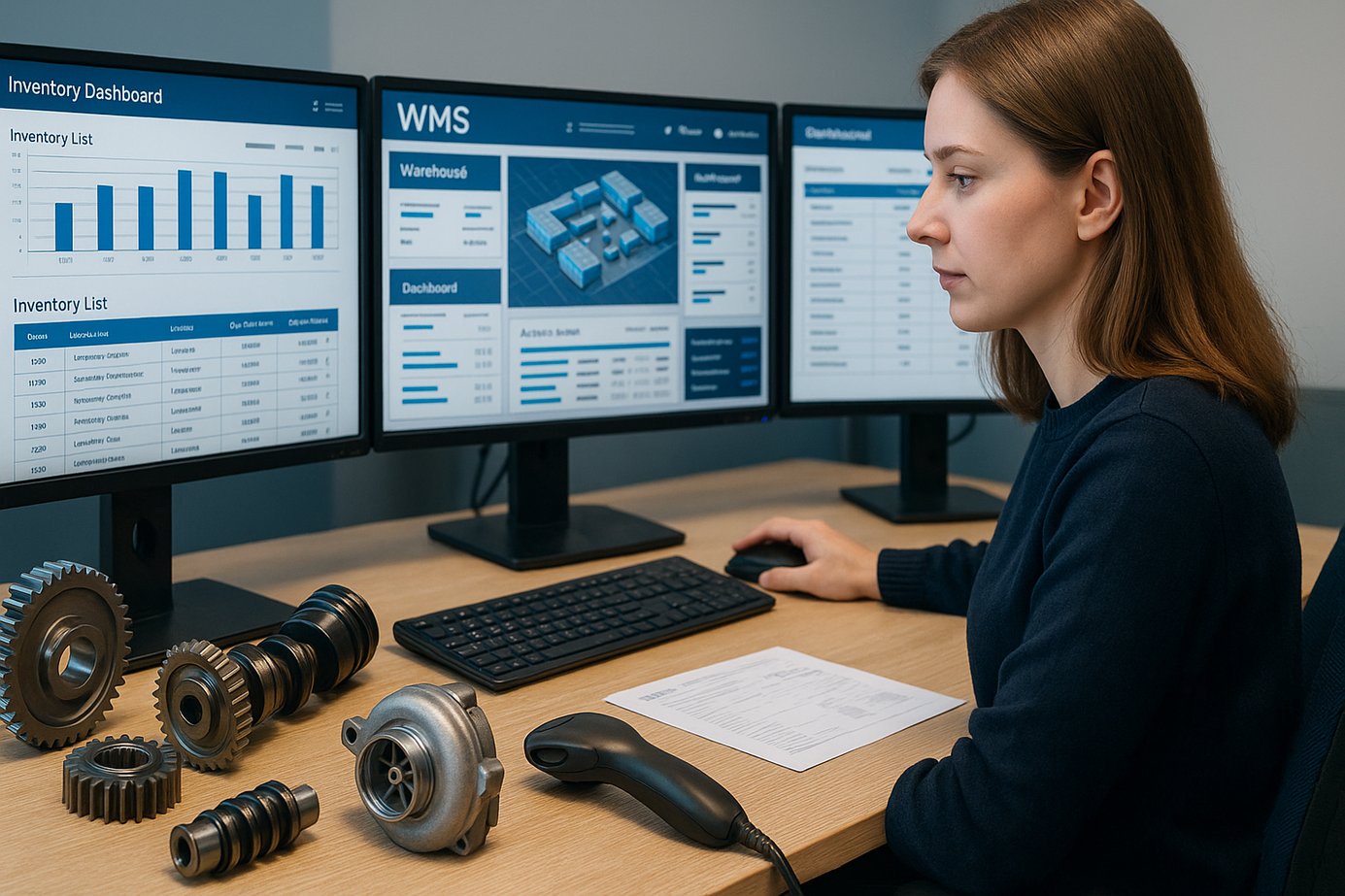 Рабочее место оператора WMS-системы: интерфейс учёта и аналитики на трёх мониторах.